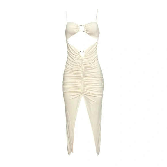 CAMILA COELHO Yasmeen Cut-Out Ring Detail Soft Jersey Midi Dress, Beige, Small - Picture 12 of 12